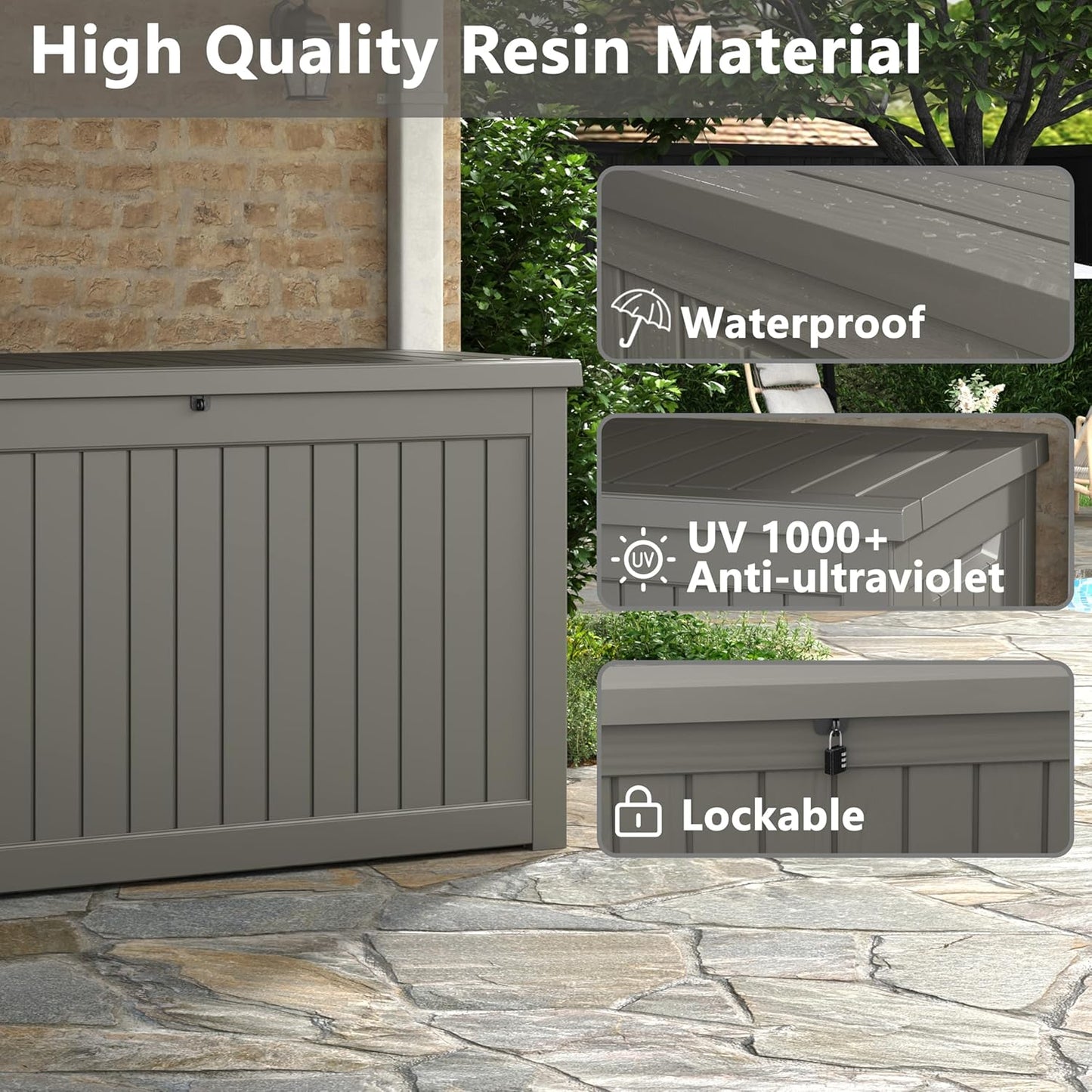 Outdoor Storage Box, 230 Gallon Deck Box, Waterproof and UV Resistant Large Resin Storage Bin, Organization and Storage for Patio Furniture, Outdoor Cushions, Garden Tools, Lockable