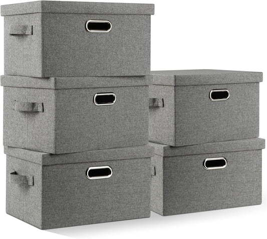Medium 15" 21 Quart Collapsible Stackable Storage Bins with Lids, 5 Packs Grey Foldable Fabric Closet Boxes Heavy-duty Linen Cube Baskets Container for Bedroom Office (15 x 11 x 8)