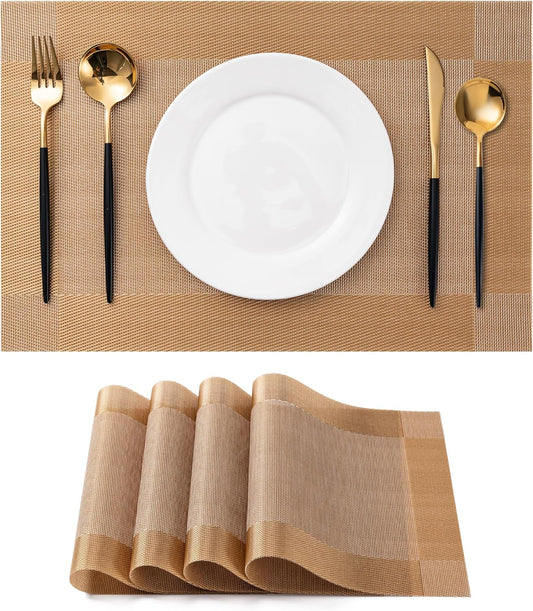 CADONO Placemats Set of 4 Washable Indoor/Outdoor Vinyl Place Mats for Dining Table Durable Non-Slip Heat Resistant PVC Weave Table Mats（Gold Cube）
