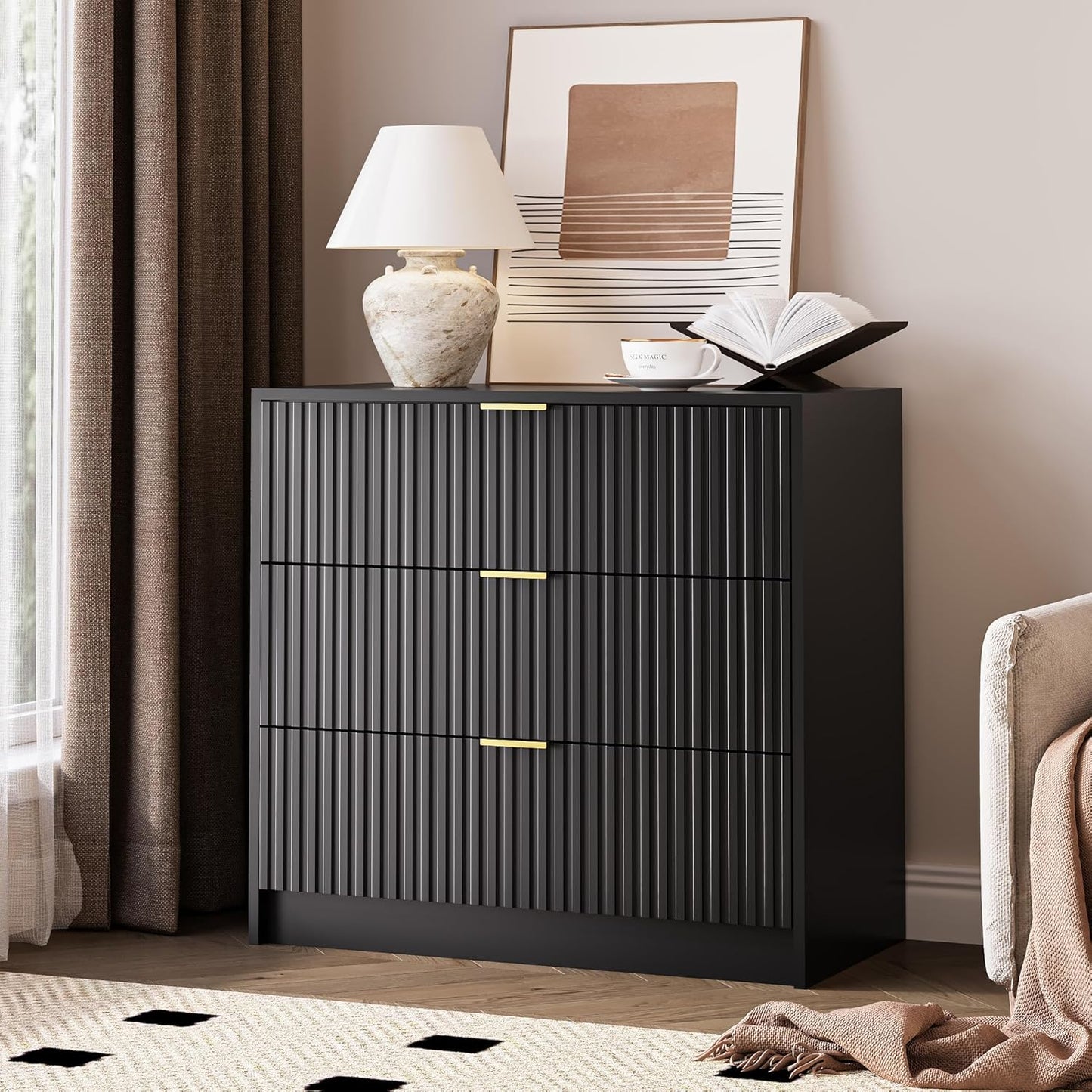 Black Fluted Dresser for Bedroom, 32 Inch Wide Nightstand with Large Drawer, 3 Drawer End Table for Bedroom, Living Rooms, Offices, and Entryways