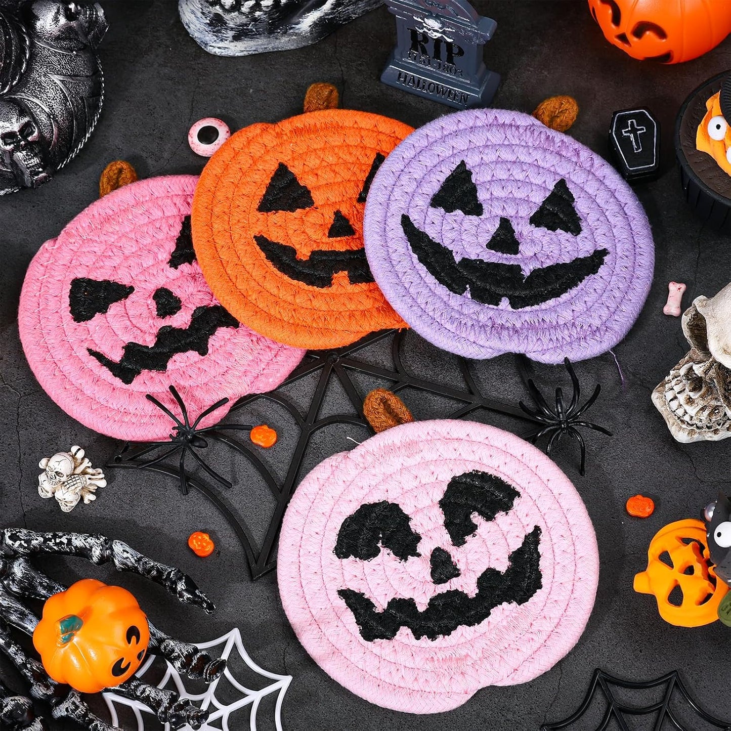 Whaline Halloween Pumpkin Cotton Coasters Colored Pumpkin Face Handmade Braided Drink Coasters Pink Purple Orange Absorbent Cup Mats for Trick or Treat Party Home Table Decor, Set of 4