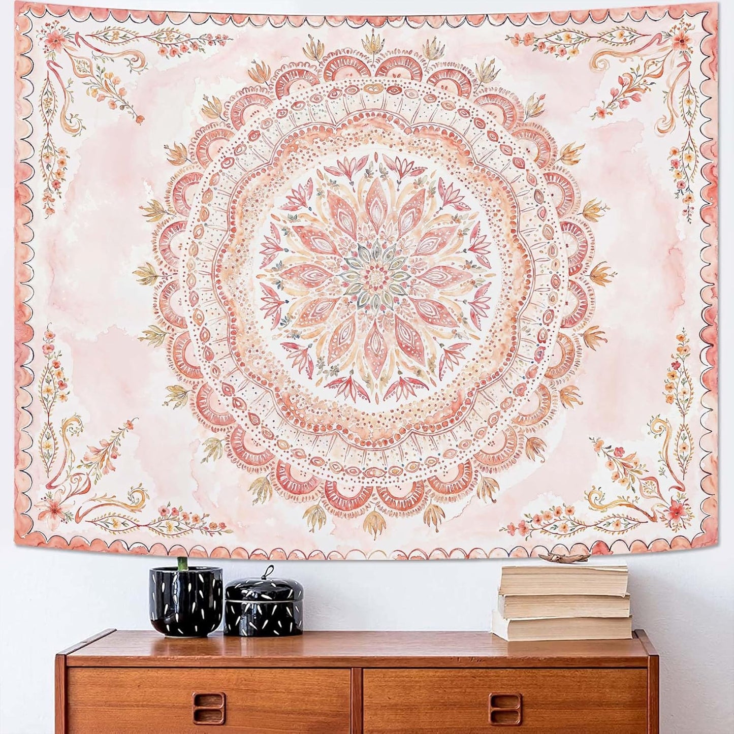 Fowocu Boho Floral Mandala Tapestry Wall Hanging Pink Bohemian Flower Medallion Tapestry Aesthetic Watercolor Hippie Indian Small Tapestries for Bedroom Living Room Dorm Decor 48 x 36 Inch