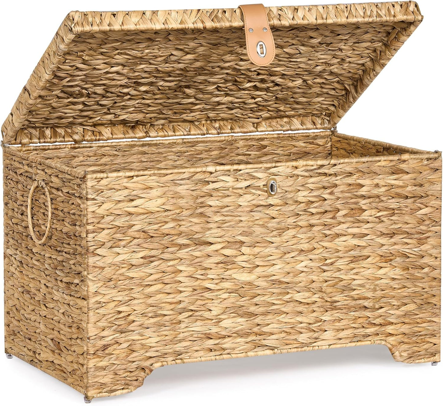 Handwoven Storage Basket with Lid, 165L Wicker Storage Bin, Natural Water Hyacinth, Leather Buckle & Metal Frame, Metal Ring Handles for Easy Transport, Storage Chest & Trunk for Bedroom, Living Room