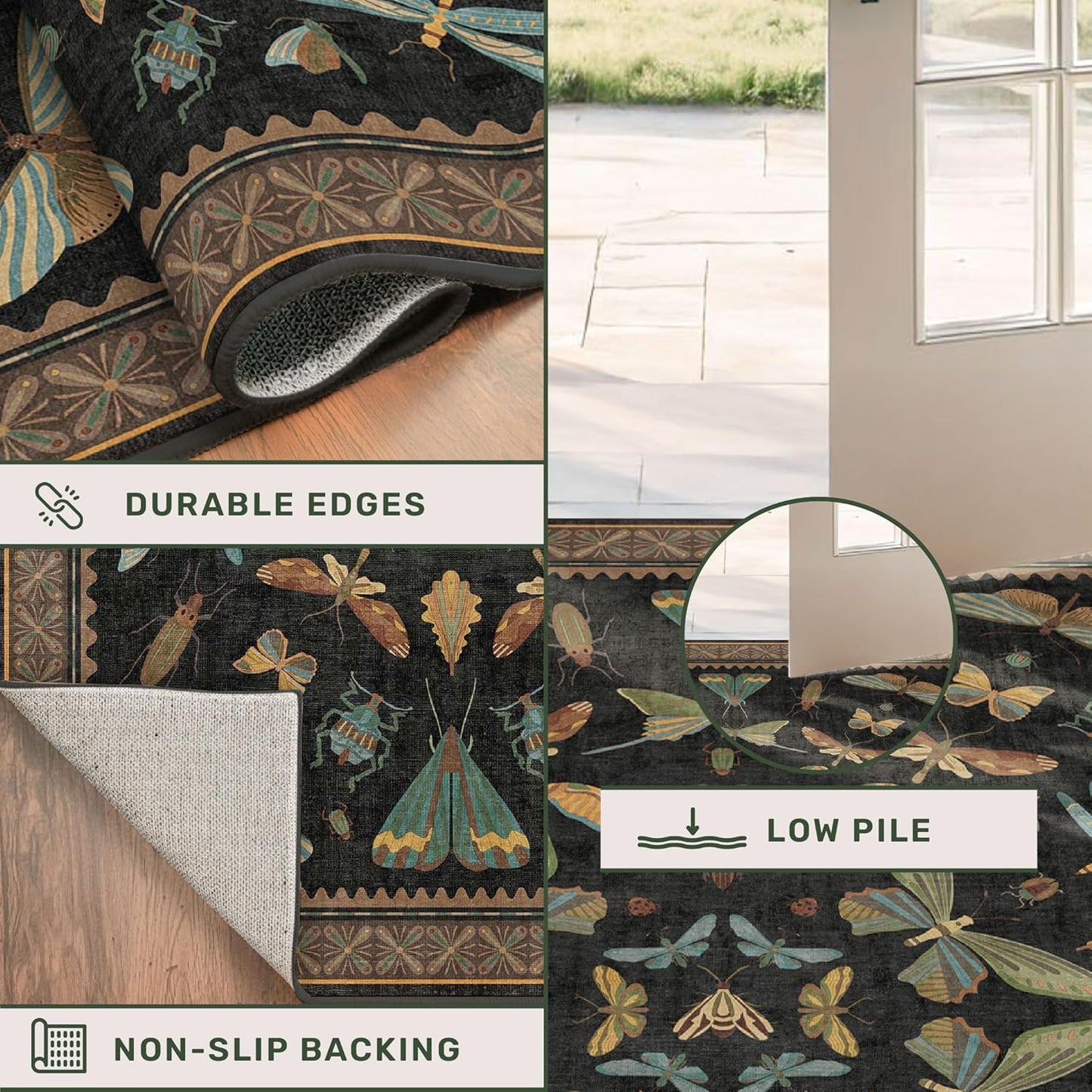 Insect Print Washable 4x6 Entryway Rug - Non-Slip Low Pile Area Rug for Large Kitchen, Bedroom, Office - Ultra Soft Aesthetic Decor, Black & Brown