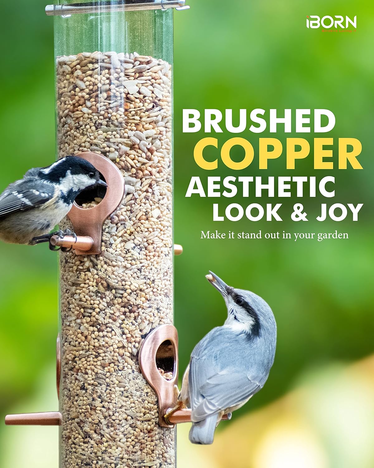 iBorn Metal Bird Feeders Brushed Copper Wild Bird Feeder for Outdoors Hanging All Metal Brushed Copper Finishing 14 Inch 6 Port,Pack of 2