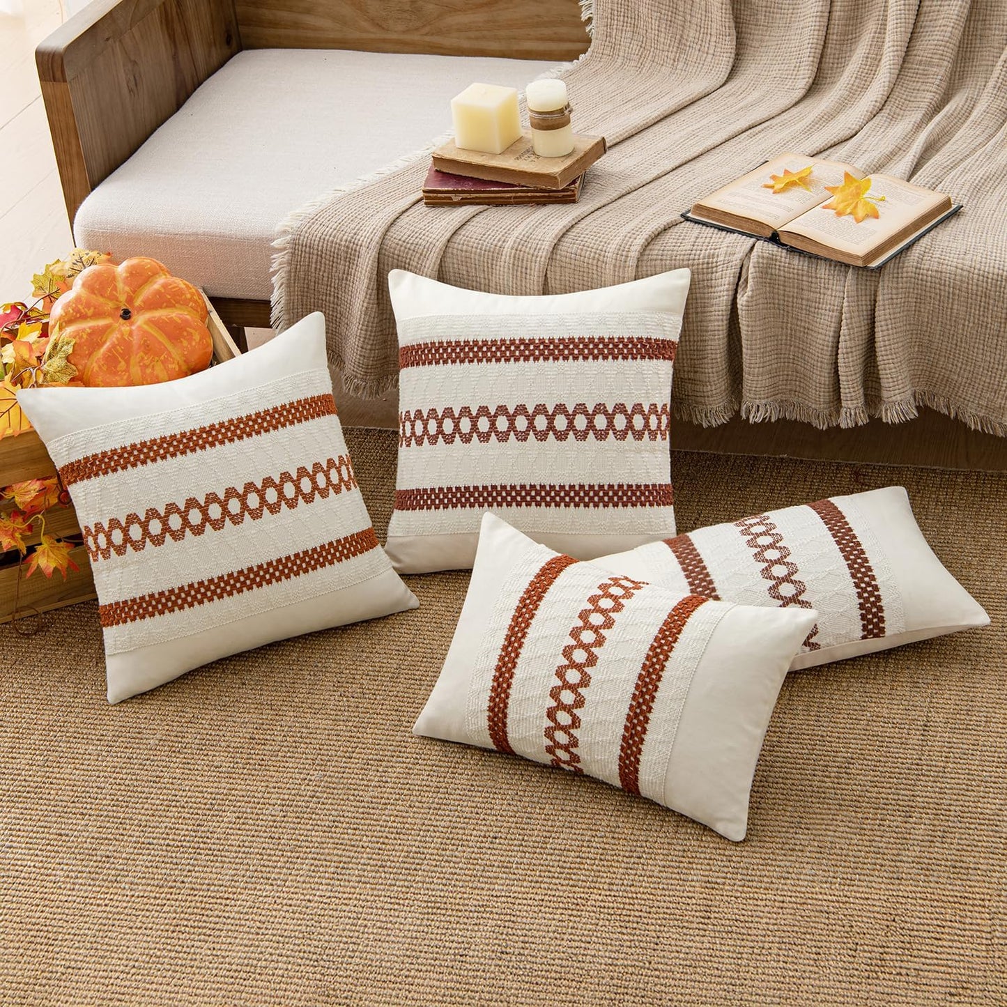 MIULEE Set of 2 Burnt Orange Fall Decorative Lumbar Pillow Covers 12x20 Inch Farmhouse Rustic Boho Couch Throw Pillows Modern Cushion Covers Retro Cute Macrame Woven Home Decor for Bed Sofa Chair