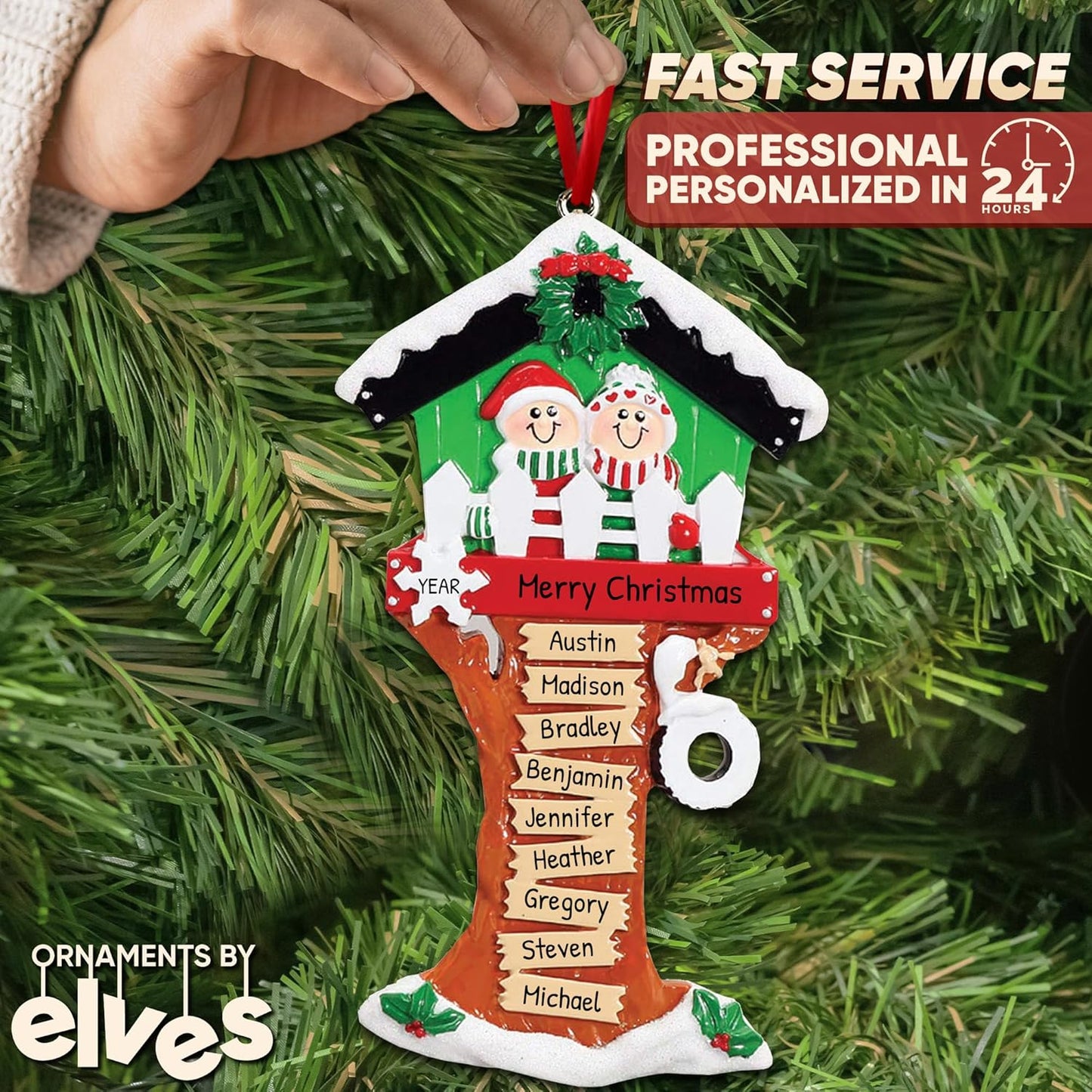 3D Treehouse Family of 9 Ornament 2025 Personalized Family Christmas Ornaments 2025 | Siblings Treehouse Personalized Tree Ornaments for Grandchildren, Siblings & Grandkids of Nine Banner Ornament