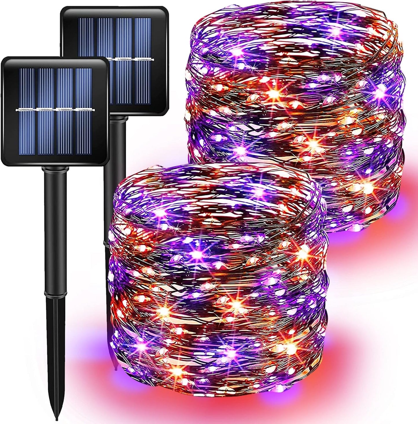 Purple and Orange Solar Halloween Lights Outdoor, Total 80 FT 240 LED Solar Powered Waterproof Fairy Lights 8 Modes Copper Black Wire Lights for Halloween Party Tree Wedding Yard Decorations, 2 Pack