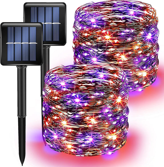 Purple and Orange Solar Halloween Lights Outdoor, Total 80 FT 240 LED Solar Powered Waterproof Fairy Lights 8 Modes Copper Black Wire Lights for Halloween Party Tree Wedding Yard Decorations, 2 Pack