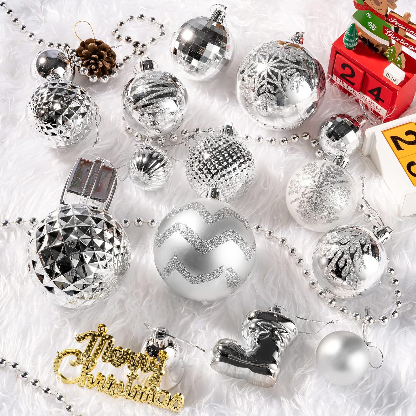 116Pcs Silver Christmas Ball Ornaments Set, Shatterproof Christmas Hanging Decoration Set with Gift Box, Assorted Decorative Baubles Set for Xmas Tree/Home/Wedding/Party/Holiday (Silver)