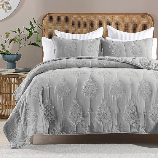 HORIMOTE HOME Grey Quilt King Size Floral Quilt Bedspread Lightweight Soft Pre-Washed Microfiber Bedcover, 3 Pieces Thin Comforter Bed Cover Bedding Set for All Season