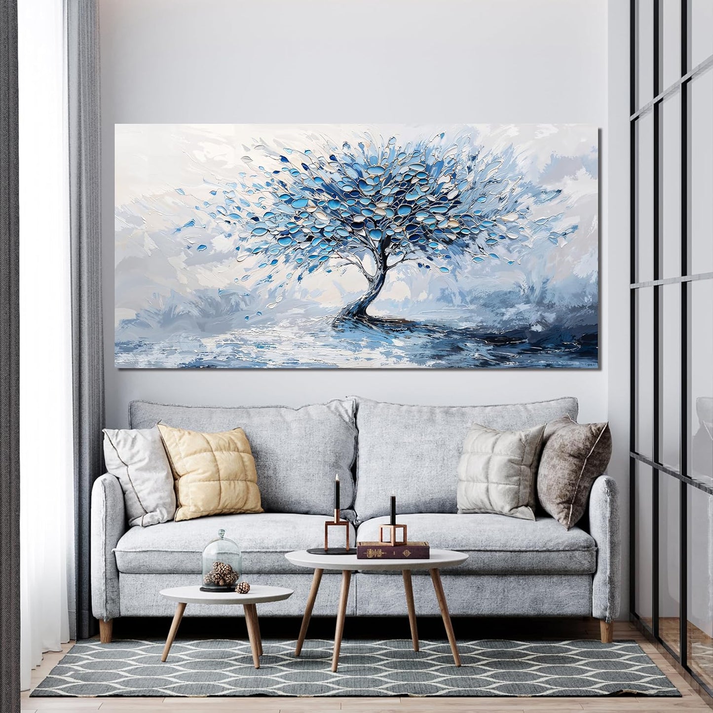 Large Canvas Wall Art Decor Modern Blue White Wall Art Prints Canvas Art Wall Decor Wall Art Pictures for Living Room Artwork for Walls Abstract Art Tree of Life Wall Art Bedroom Office Decor 24"X48"