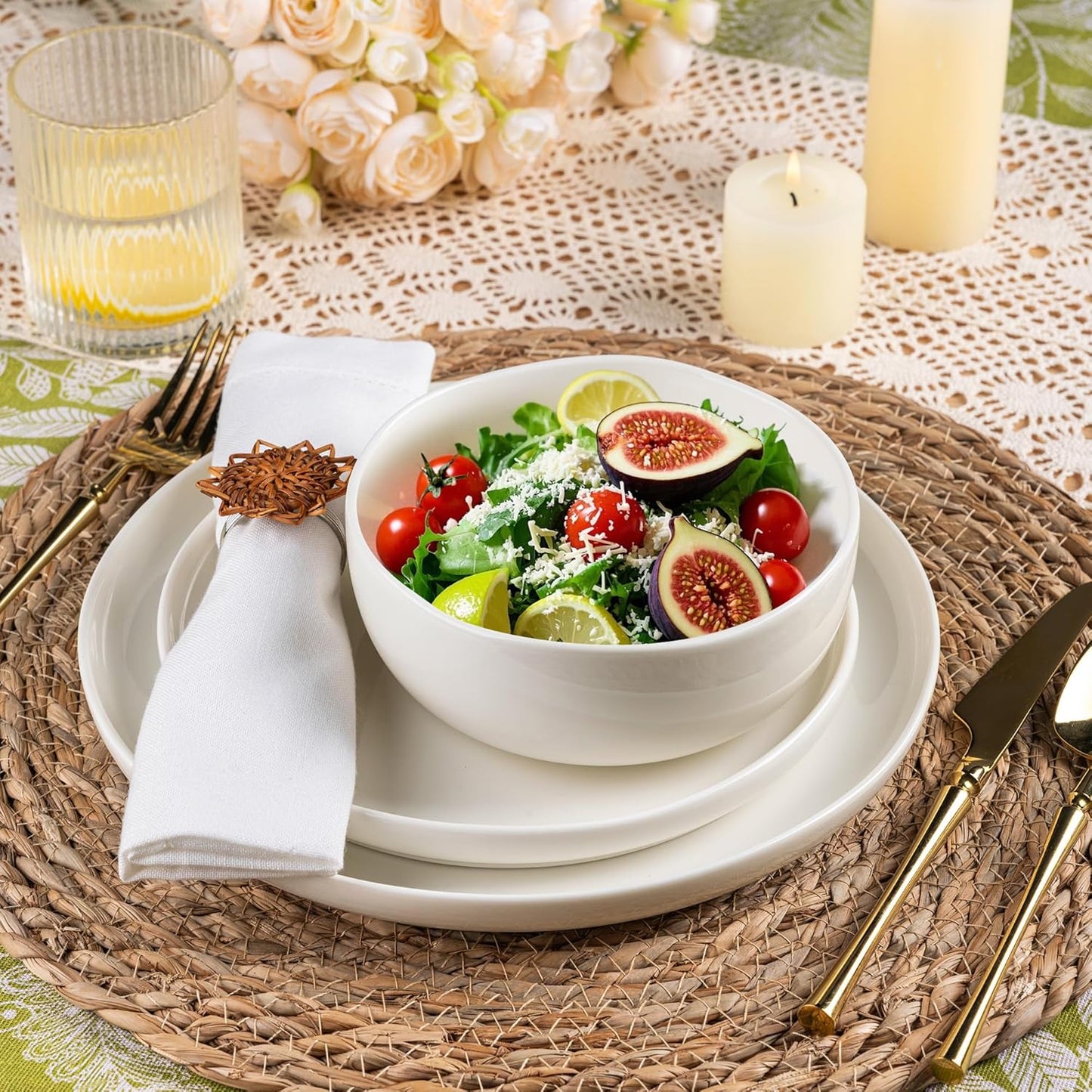 LERATIO Ceramic Dinnerware Sets for 6,Plates and Bowls Sets,Handmade Reactive Glaze Dishes Set,Chip Resistant and Scratch Resistant | Oven&Dishwasher & Microwave Safe- White &Wave(18PCS)