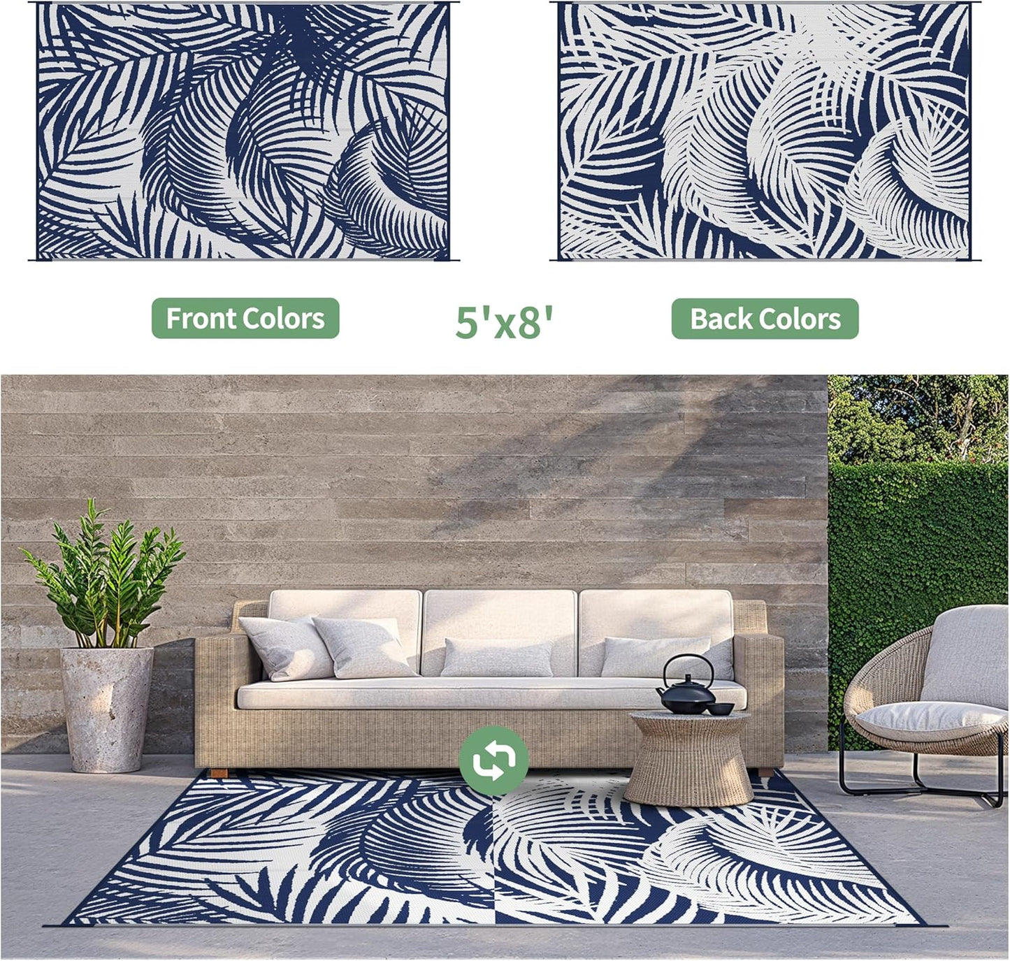 GENIMO Outdoor Rug 5' x 8' Waterproof for Patio Clearance, Reversible Plastic Straw Camping Carpet, Lightweight Mats for Rv, Backyard, Deck, Porch, Picnic, Beach, Balcony, Blue & White