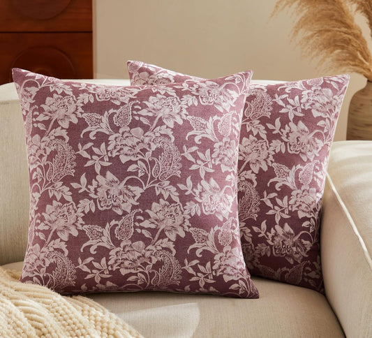 Floral Jacquard Throw Pillow Covers Set of 2, Background/Burgundy 18x18 Inch, Farmhouse Decorative Cotton Burgundy Cushion Covers for Sofa Bed Living Room Home Decor