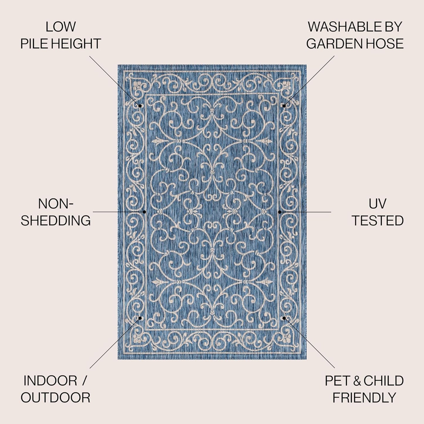 JONATHAN Y Vintage Filigree Indoor Outdoor Square Area Rug 4X4 Navy/Gray, Charleston Textured Weave for Backyard, Patio, Porch, Easy-Cleaning, High Traffic, Pet-Friendly, Non-Shedding (SMB106D-4SQ)