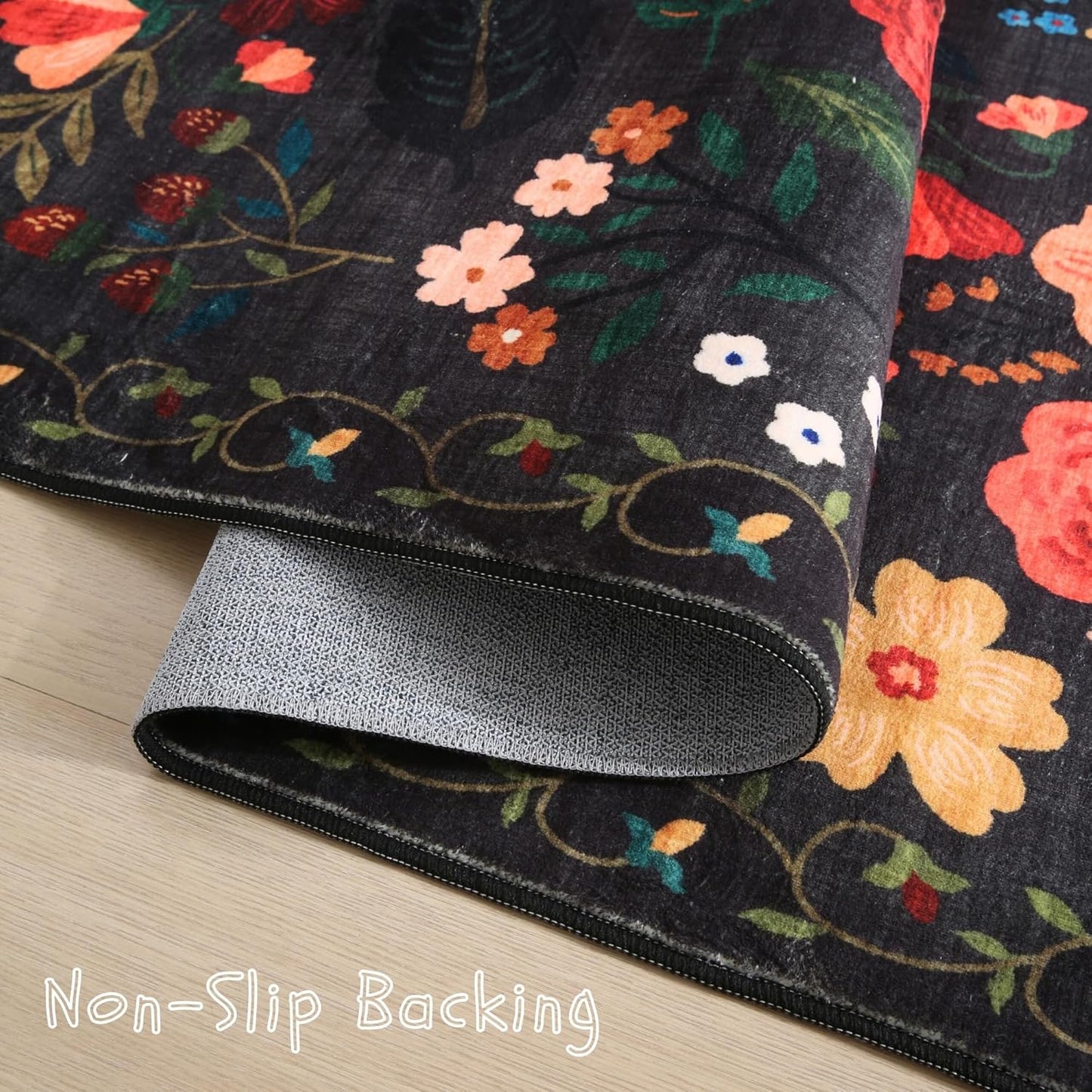 Door Mat Indoor Entrance 2x3 Rug Machine Washable Boho Floral Small Area Rug Non-Slip Low Pile Throw Rugs for Entryway, Kitchen, Front Door Indoor Entrance, Entry, Kids Room (Black)