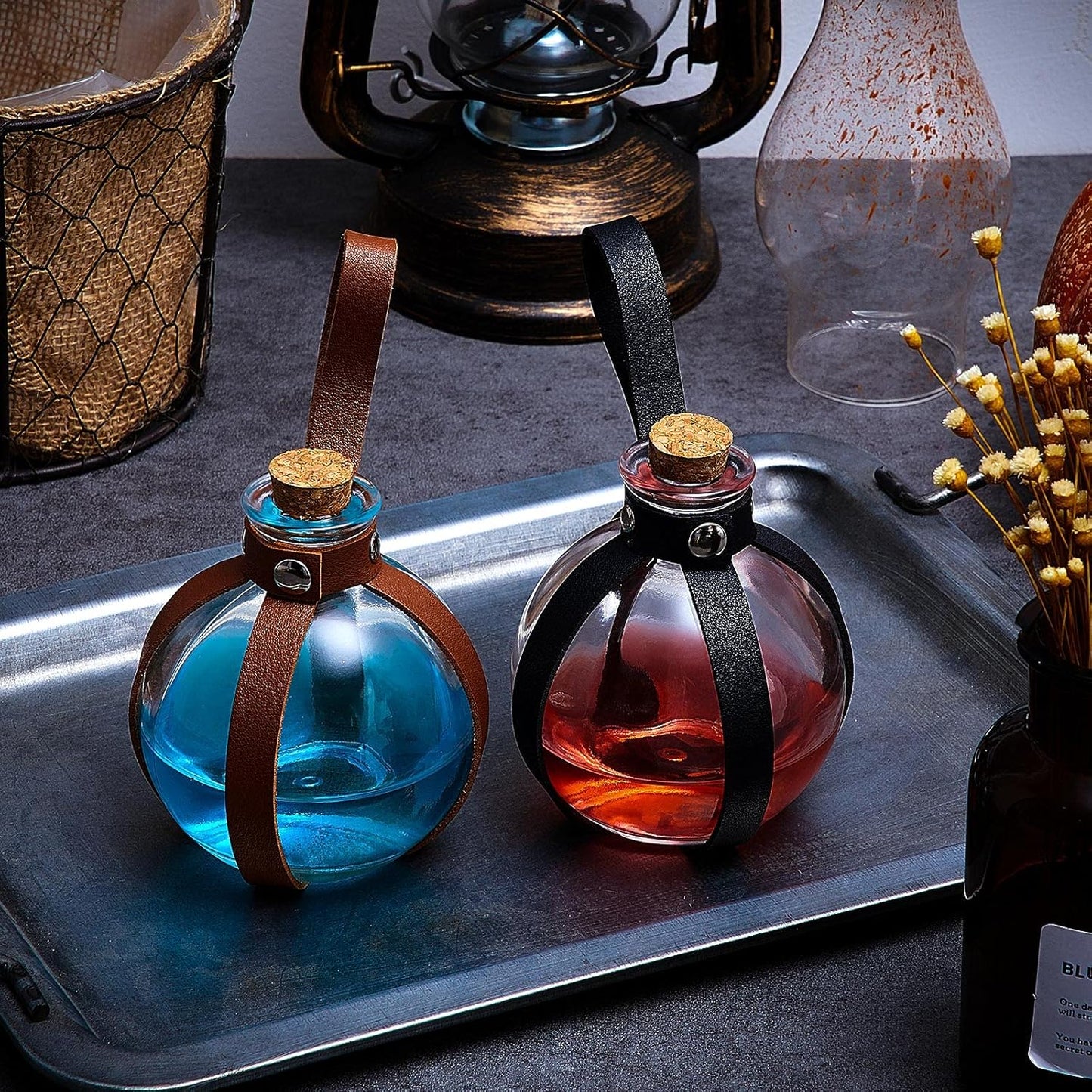 Patelai 2 Pcs Halloween Glass Potion Bottles with Belt Cork Renaissance Witch Costume Accessories Witch Props Potion Bottle for Halloween Party Decor Cosplay DIY Crafts Gift (Black,Brown)