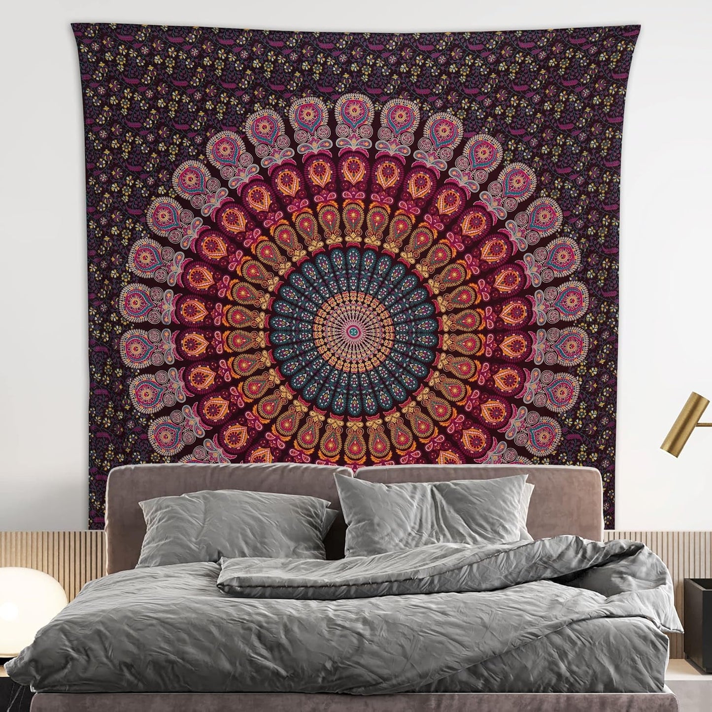 Bless International Handmade Indian hippie Bohemian Psychedelic Peacock Mandala Wall hanging College Dorm Beach Throws Table Cloth Bedding Tapestry (Golden Pink Blue, King(88x104Inches)(225x265Cms))