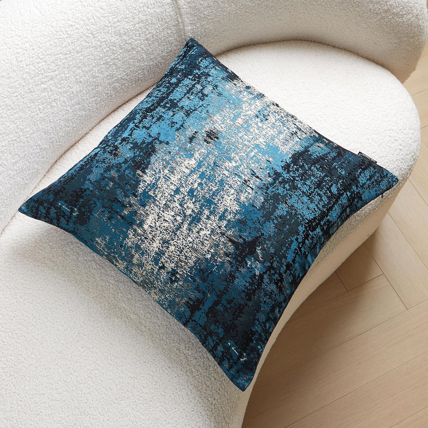 THE-TINOART Teal & Gold Embroidered Jacquard Pillow Cover 24x24 - Luxury Reversible Decorative Throw Pillow Cover with Gold Thread & Velvet Backing, Elegant Holiday Home Decor