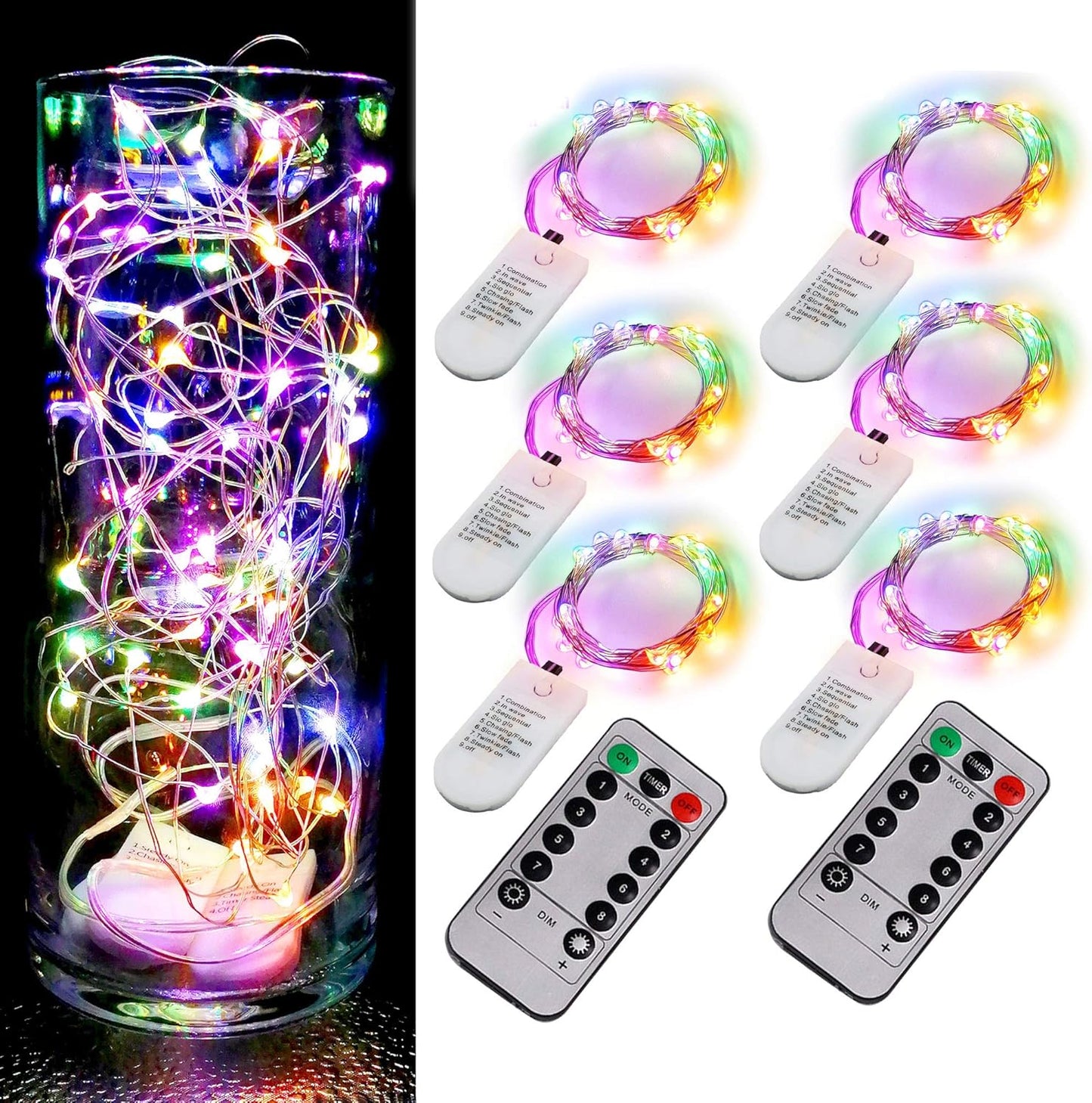 6 Pack Fairy Lights Battery Operated with Timer 2PCS Remote 6.5ft 20LED Multicolor Twinkle Lights Waterproof Silver Wire Fireflies Lights DIY Mason Jar Wedding Party Christmas Centerpiece Table Deco