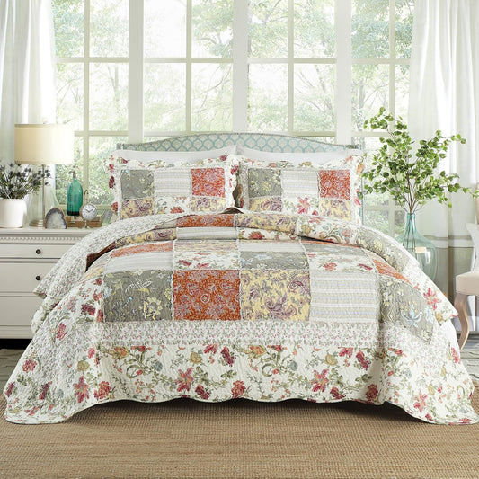 Yvooxny 3-Piece Quilt Set Queen Size Quilted Bedspread Reversible Country Style Floral Real Patchwork Bedding Quilt Set with Ruffles with Pillowcases for All Seasons, 98 * 90 Inches