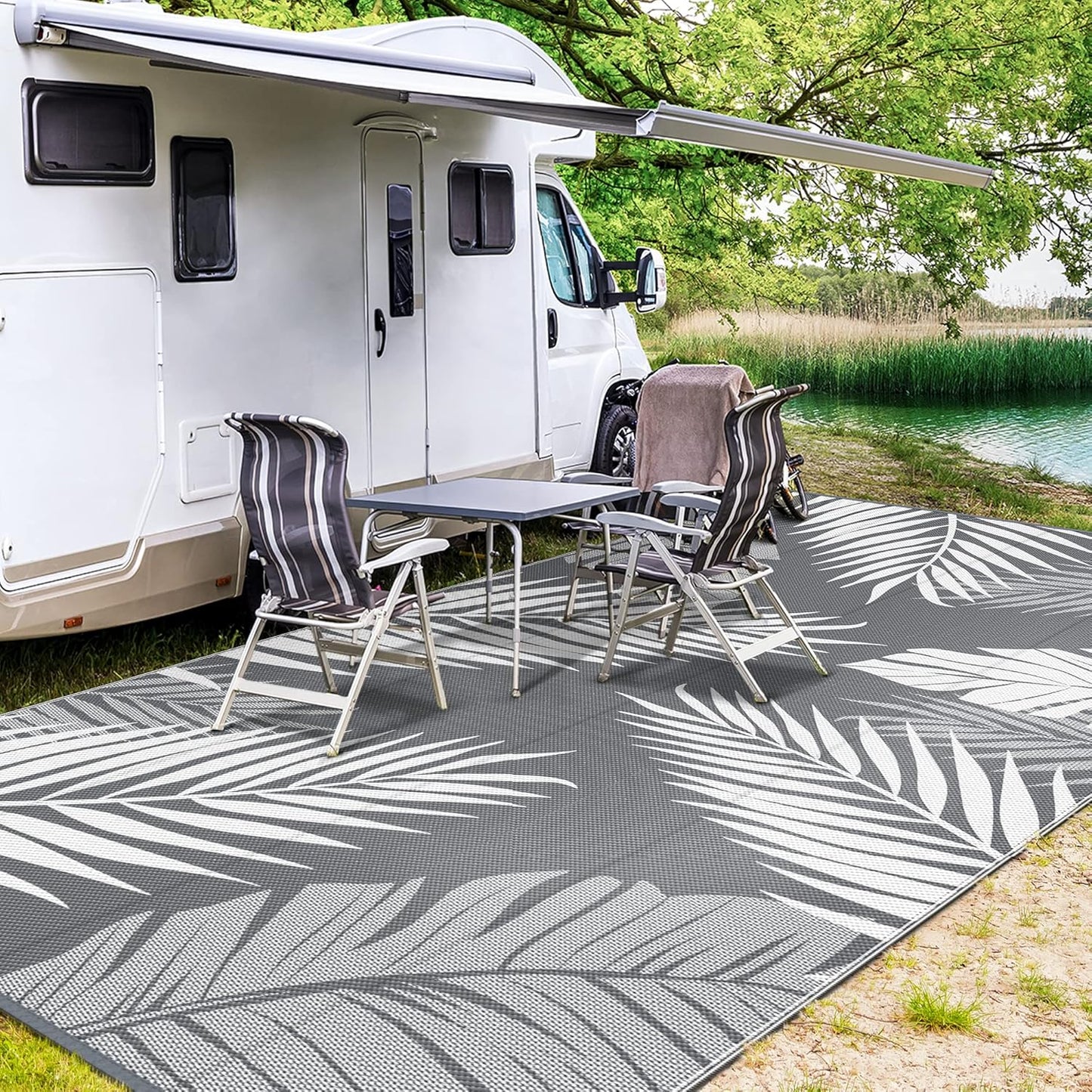 GENIMO Outdoor Rug 9' x 18' Waterproof for Patios Clearance, Reversible, Plastic Straw Camping Rug Carpet, Large Area Rugs Mats for RV, Picnic, Backyard, Deck, Balcony, Porch, Beach, Grey&White