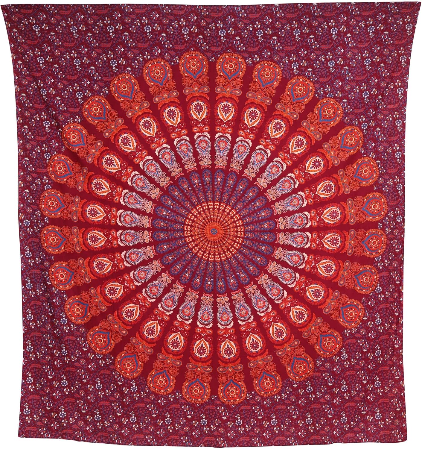 Bless International Handmade Indian hippie Bohemian Psychedelic Peacock Mandala Wall hanging College Dorm Beach Throws Table Cloth Bedding Tapestry (Blue Red, King(88x104Inches)(225x265Cms))