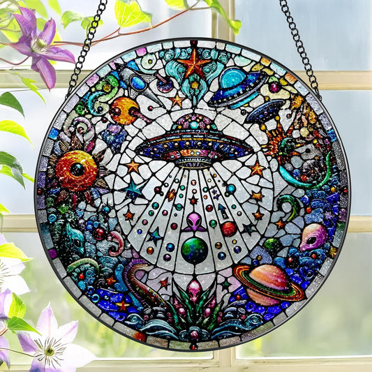 Stained Glass Window Hanging, LAOWEIKI 8'' UFO&Alien Suncatcher, Stained Glass Ornament, Suncatchers for Windows Hanging, Window Decor, Outdoor or Indoor, Gifts for Friends, Art Lover, Astronomer