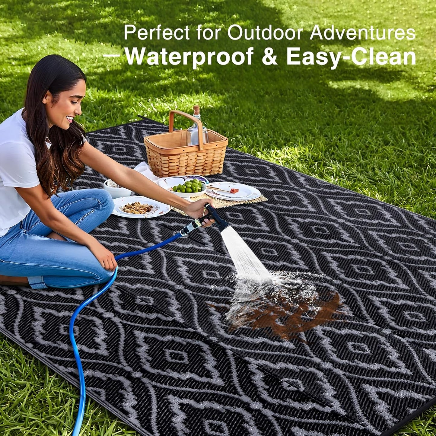 OLANLY Outdoor Rug 6x9 ft Waterproof, Outdoor Plastic Straw Rug with Geometric Pattern Clearance, Reversible RV Mat for Patio, Camping, Balcony, Deck, Backyard, Black & Grey