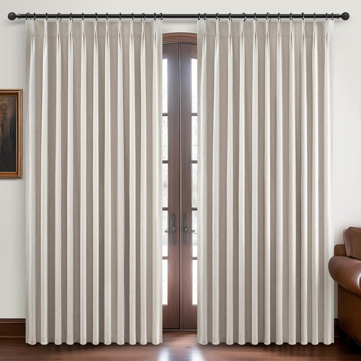 Pinch Pleated Blackout Curtains 100 Inches Extra Wide for Living Room, Thick Heavy Duty Linen Blend Tan Viral Large Window Curtain for Sliding Glass Door Thermal Natural Drapes (100"Wx96"Lx 2Panels)