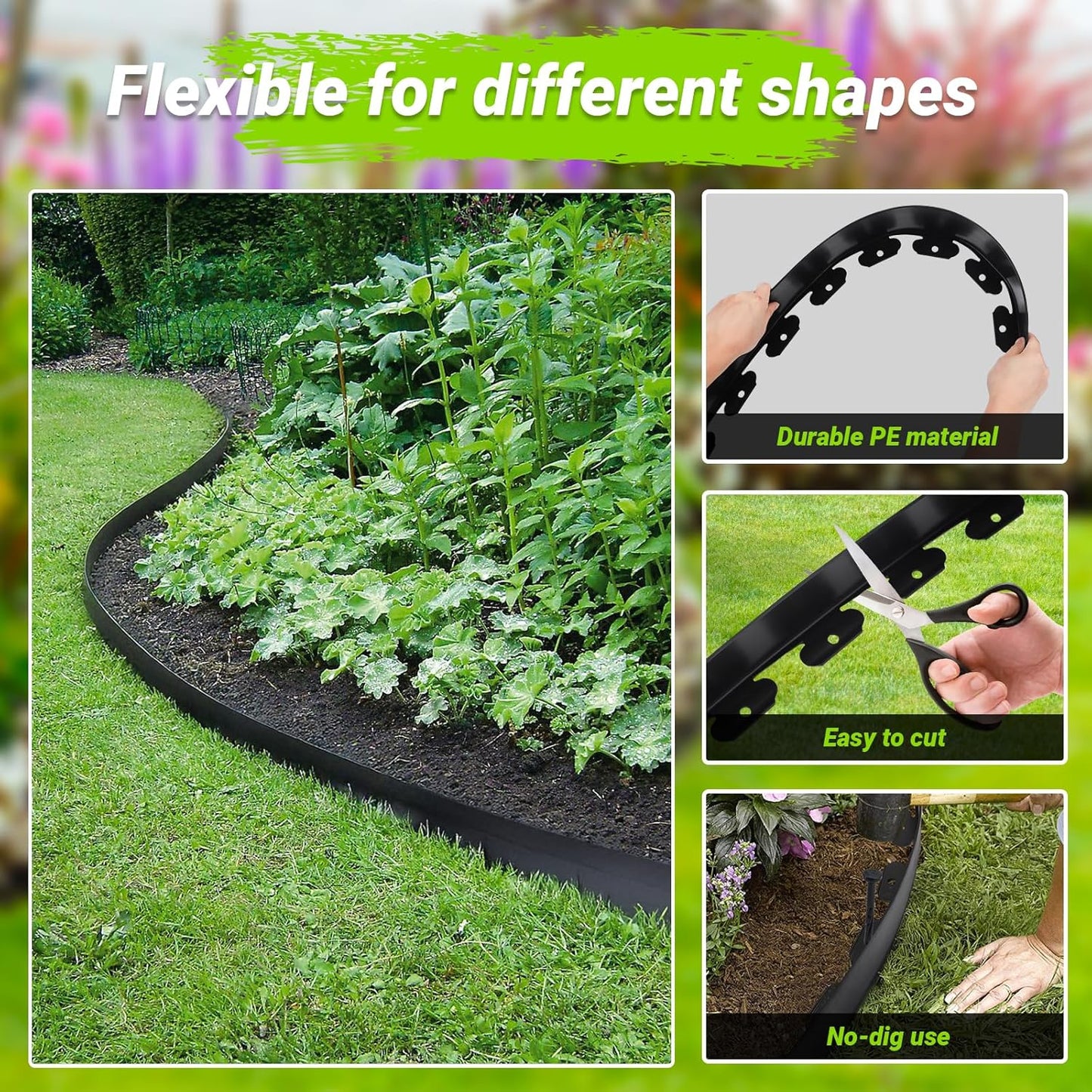 Greaner 40FT Garden Edging, 4 Inch Tall No Dig Landscape Edging, Heavy Sturdy Flower Bed Edging Borders, Yard Edging Borders Flexible for Lawn, Landscaping, Garden, Pathway（Black）