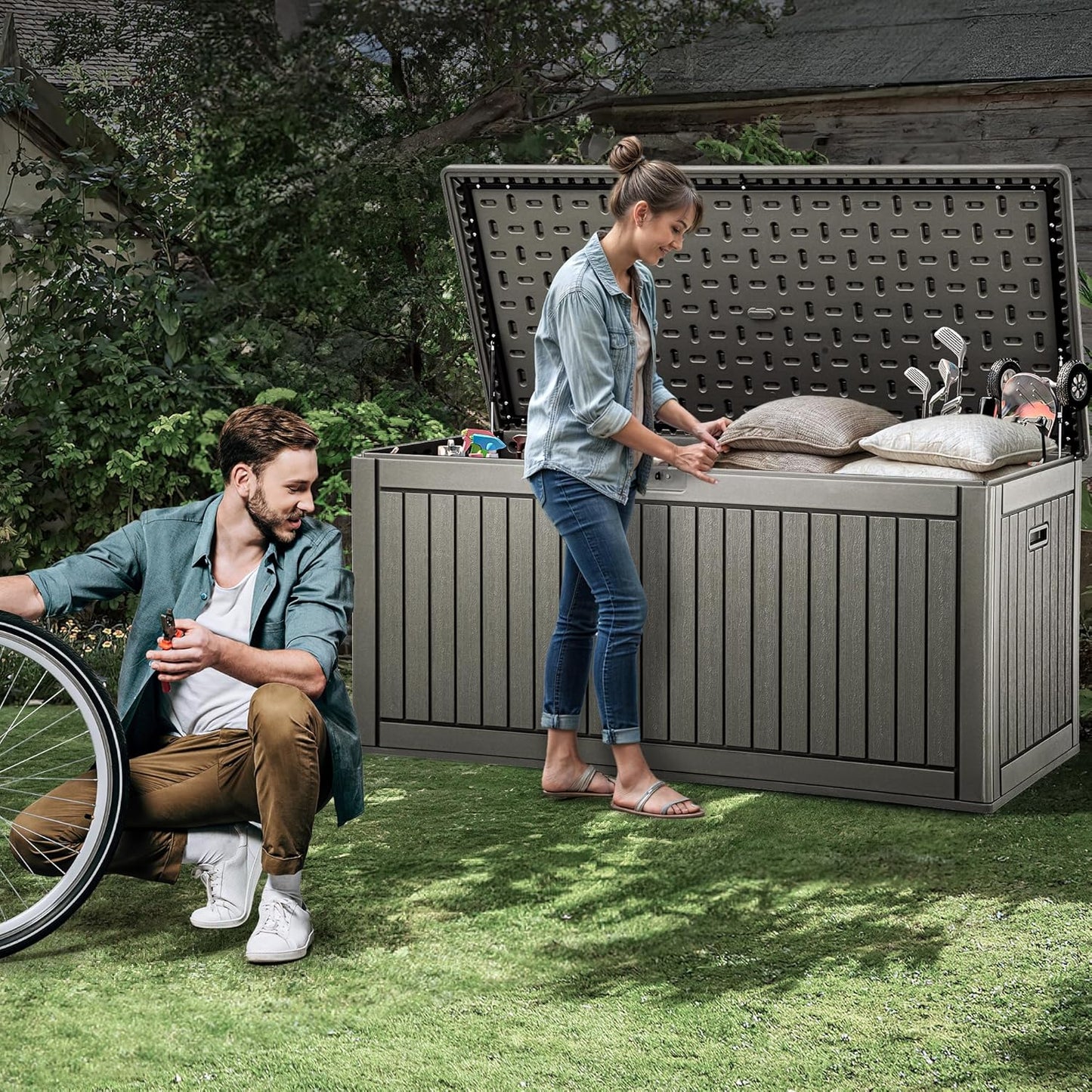 YITAHOME 260 Gallon Extra Large Deck Box, Double-Wall Resin Outdoor Storage Box with Flexible Divider for Patio Cushions Garden Tools, 1000lbs Load Capacity, Lockable & Waterproof (Light Brown)