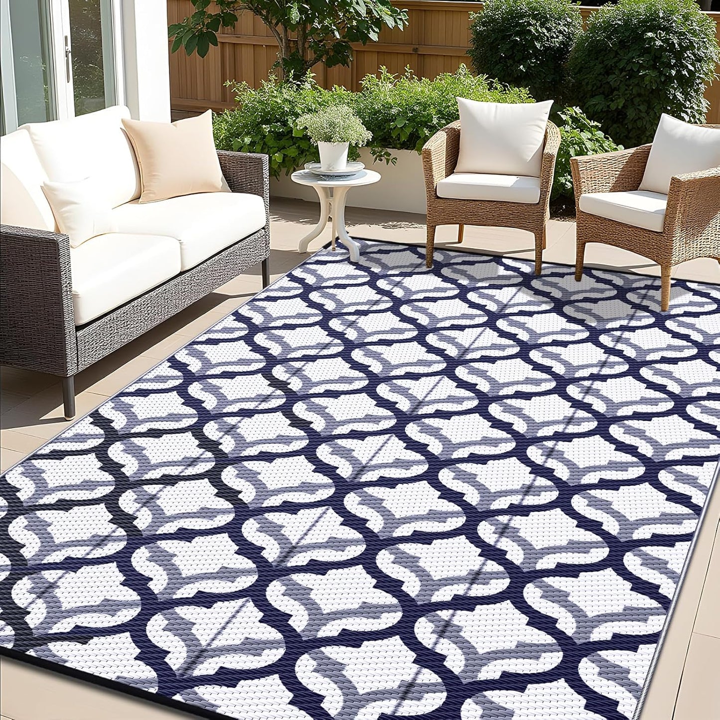 OLANLY Reversible Outdoor Rug 9x12 ft Clearance, Waterproof Outdoor Plastic Straw Rug with Interlacing Pattern, RV Mat for Patio, Camping, Balcony, Deck, Backyard, Navy & White