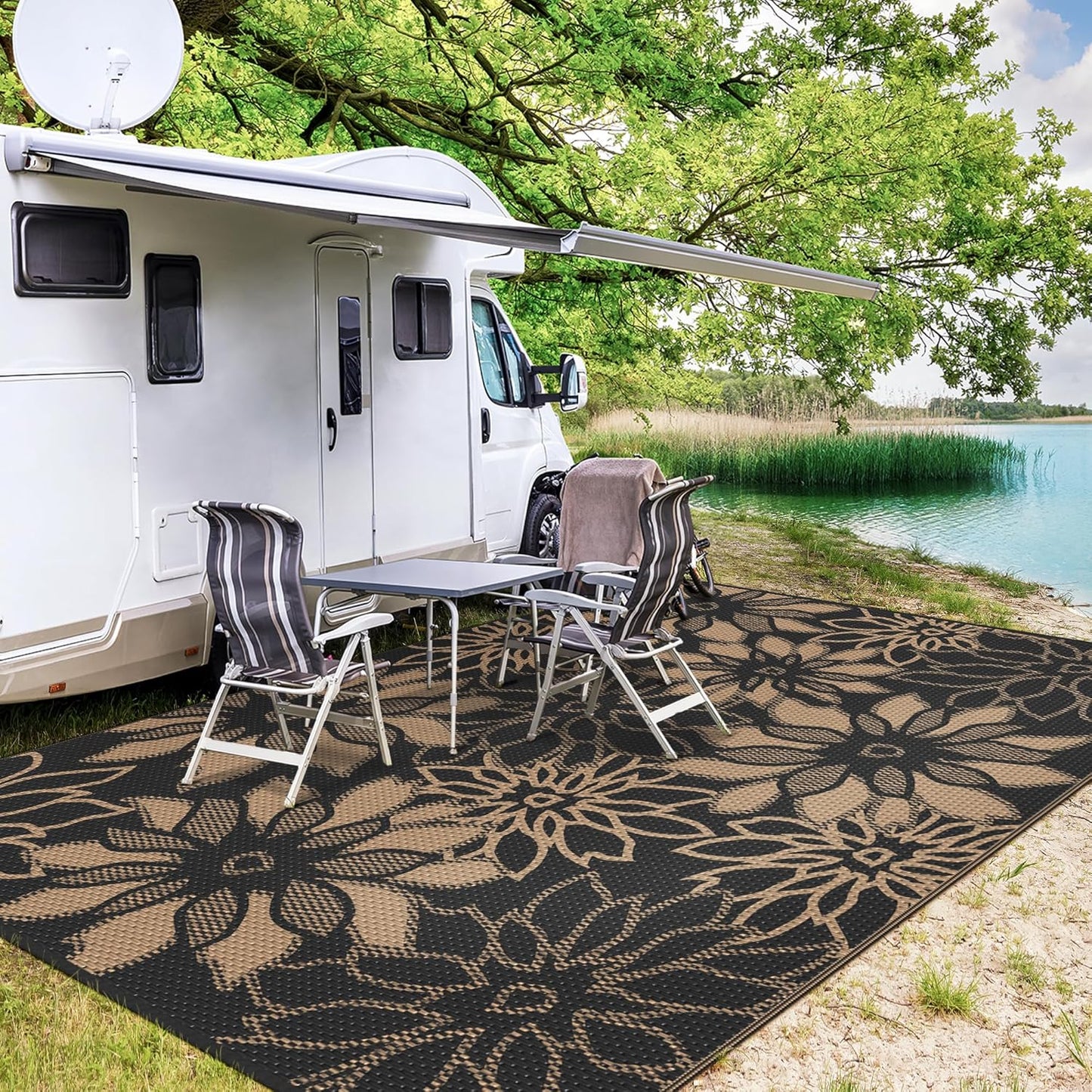 GENIMO Outdoor Rug Waterproof for Patio Decor, 9' x 12' Reversible Plastic Straw Floral Camping Carpet, Large Area Rugs Mats for RV, Camper, Deck, Balcony, Porch, Beach, Picnic, Black & Brown