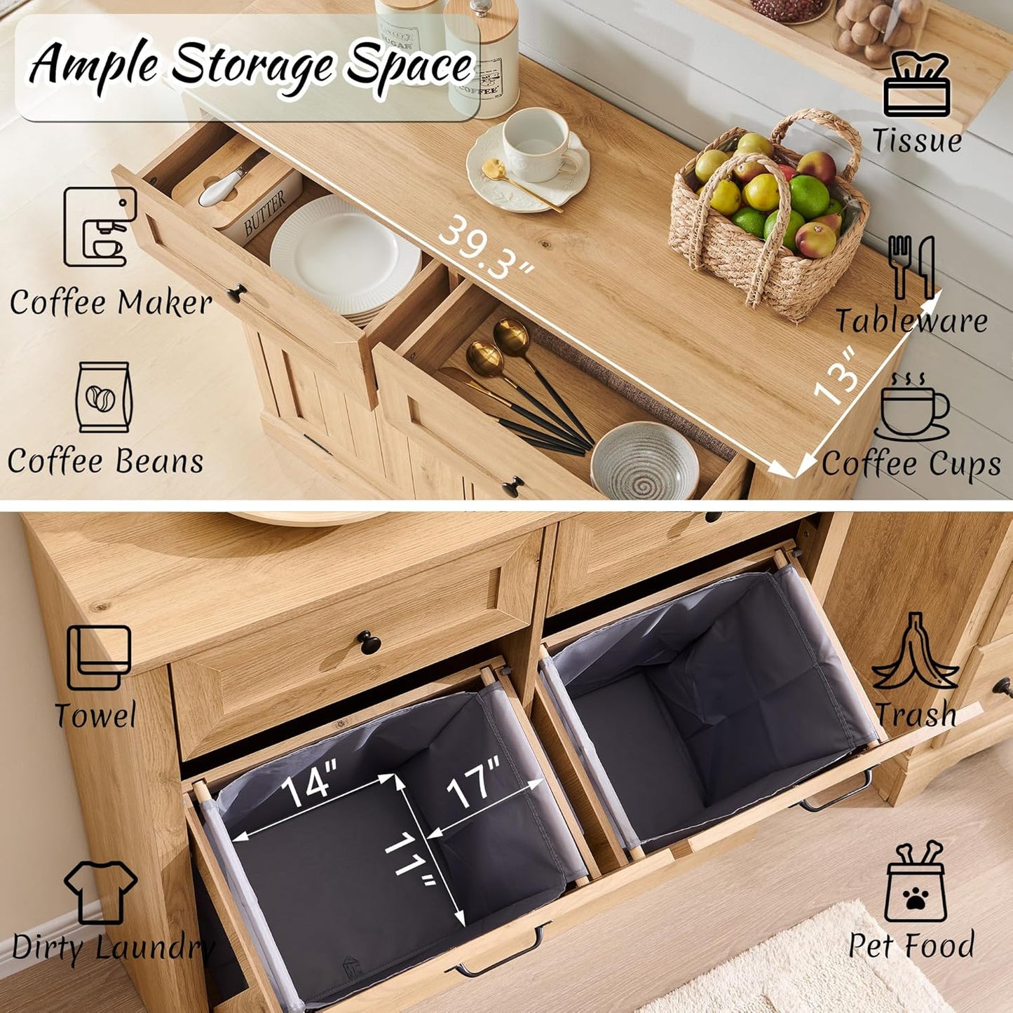 Double Tilt Out Laundry Hamper Cabinet, 20 Gallon Farmhouse Trash Can Cabinet with Drawer, Hidden Wood Garbage Can Bin Cabinets with Laundry Storage Basket for Bathroom, Kitchen (Natural)