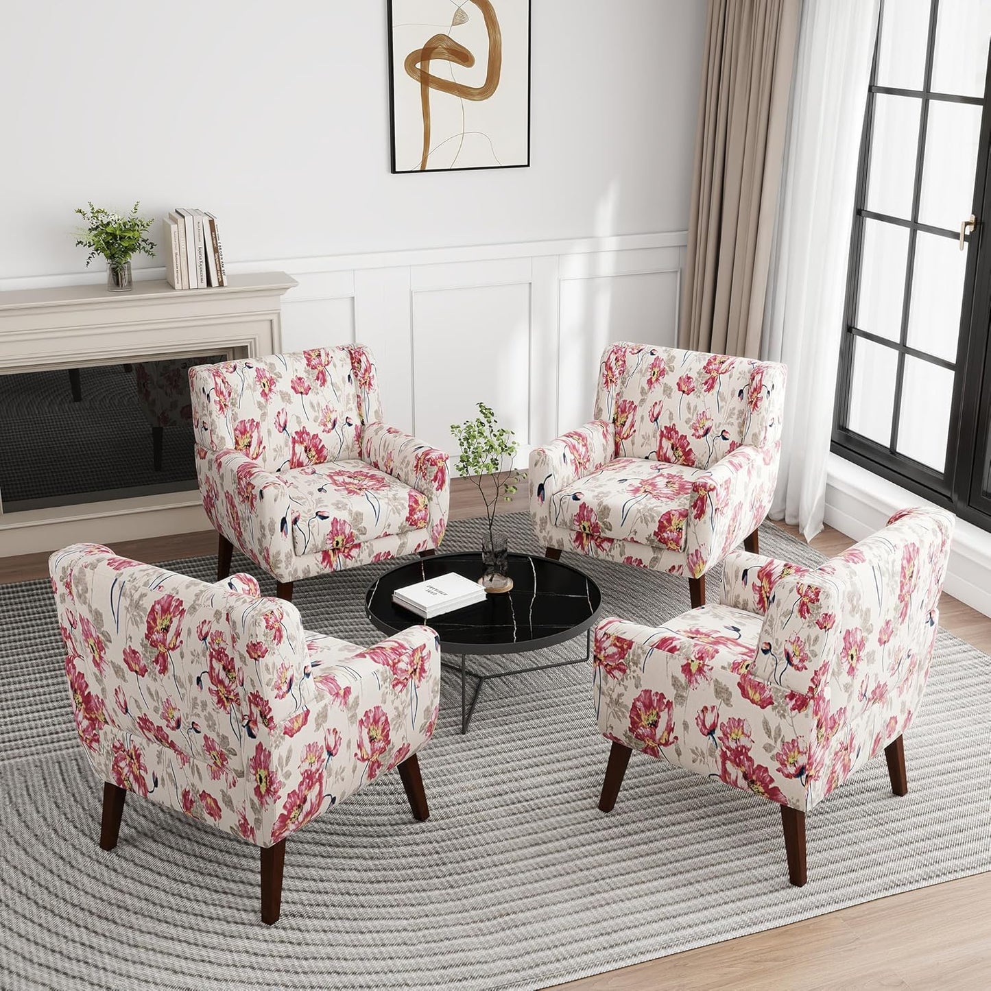 UIXE Floral Accent Chair, Modern Upholstered Armchair in Fabric for Living Room, Comfy Club Arm Chairs Single Sofa Button Tufted Bedroom Reading Seat - Pattern White, Set of 4