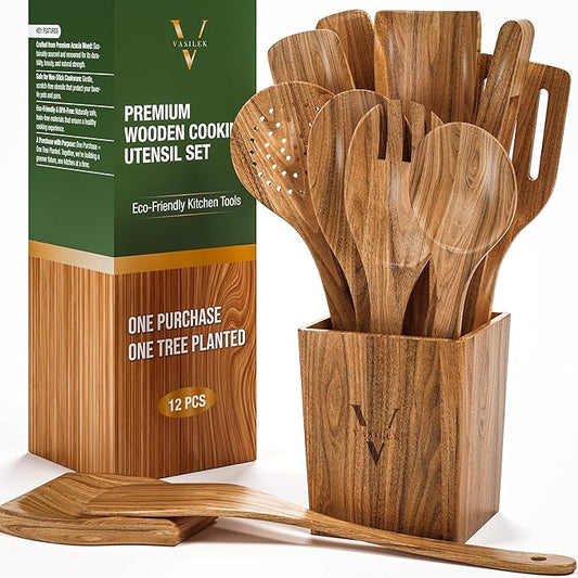 Vasilek Wooden Cooking Utensils Set – 12-Piece Acacia Wood Kitchen Utensil Set with Square Holder & Spoon Rest, Non Toxic Wooden Tools for Nonstick Cookware, Spatula, Ladle, Serving Spoon