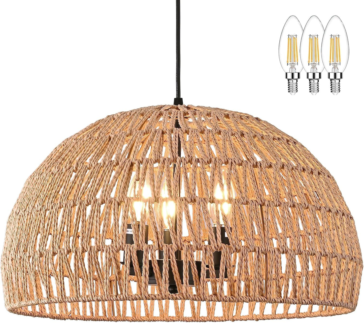 17.6 inch Hemp Rope Woven Pendant Light Wicker Pendant Light 3-light Rattan Light Fixture Boho Chandelier Farmhouse Chandelier Dome Pendants Light for Dining Room Bedroom Kitchen(Bulb Incl