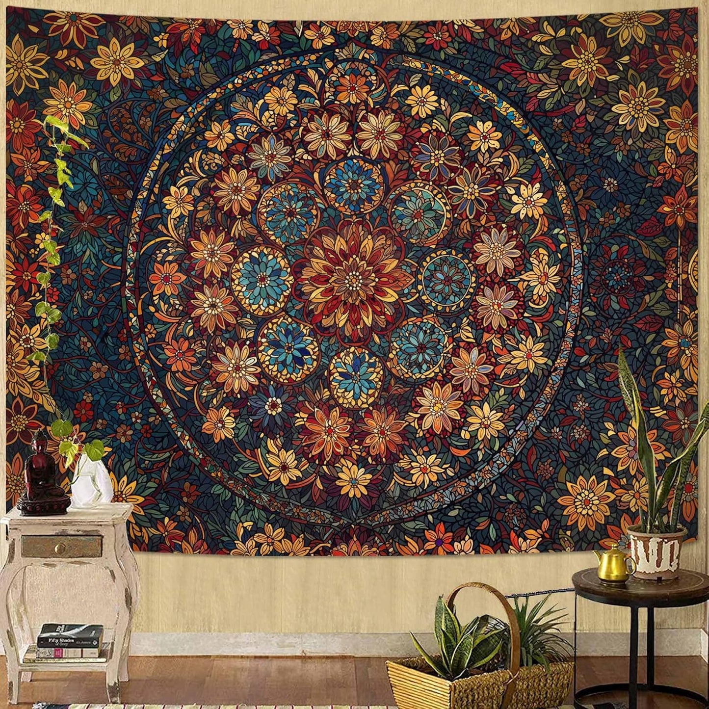Fowocu Boho Floral Mandala Tapestry Wall Hanging Vintage Bohemian Flower Medallion Tapestry Aesthetic Orange Stained Glass Hippie Small Tapestries for Bedroom Living Room Dorm Decor 40 x 30 Inch