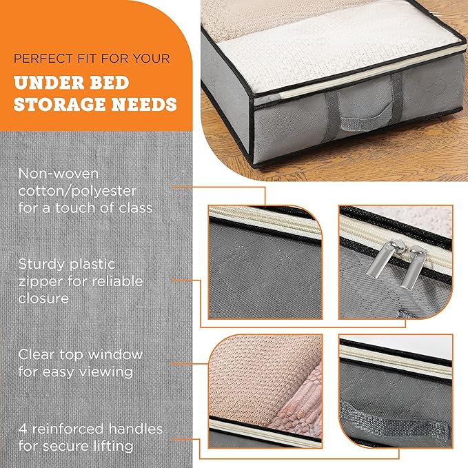 storageLAB Under Bed Storage Containers - Foldable Closet Organizer with Clear Top, Sturdy Handles - 7L Capacity Storage Box for Clothing, Comforter, Blanket, and Shoe - 2 Pack, Soft-Sided, Gray