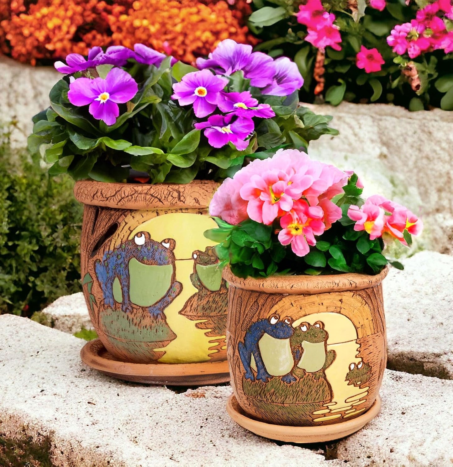 Ceramic Pot with Drainage Hole and Saucer, Plant Pots, Modern Decorative Planters for House Plants Indoor Flowers Plants, Cute Flower Pot - Gifts (Frogs (1.6 L))