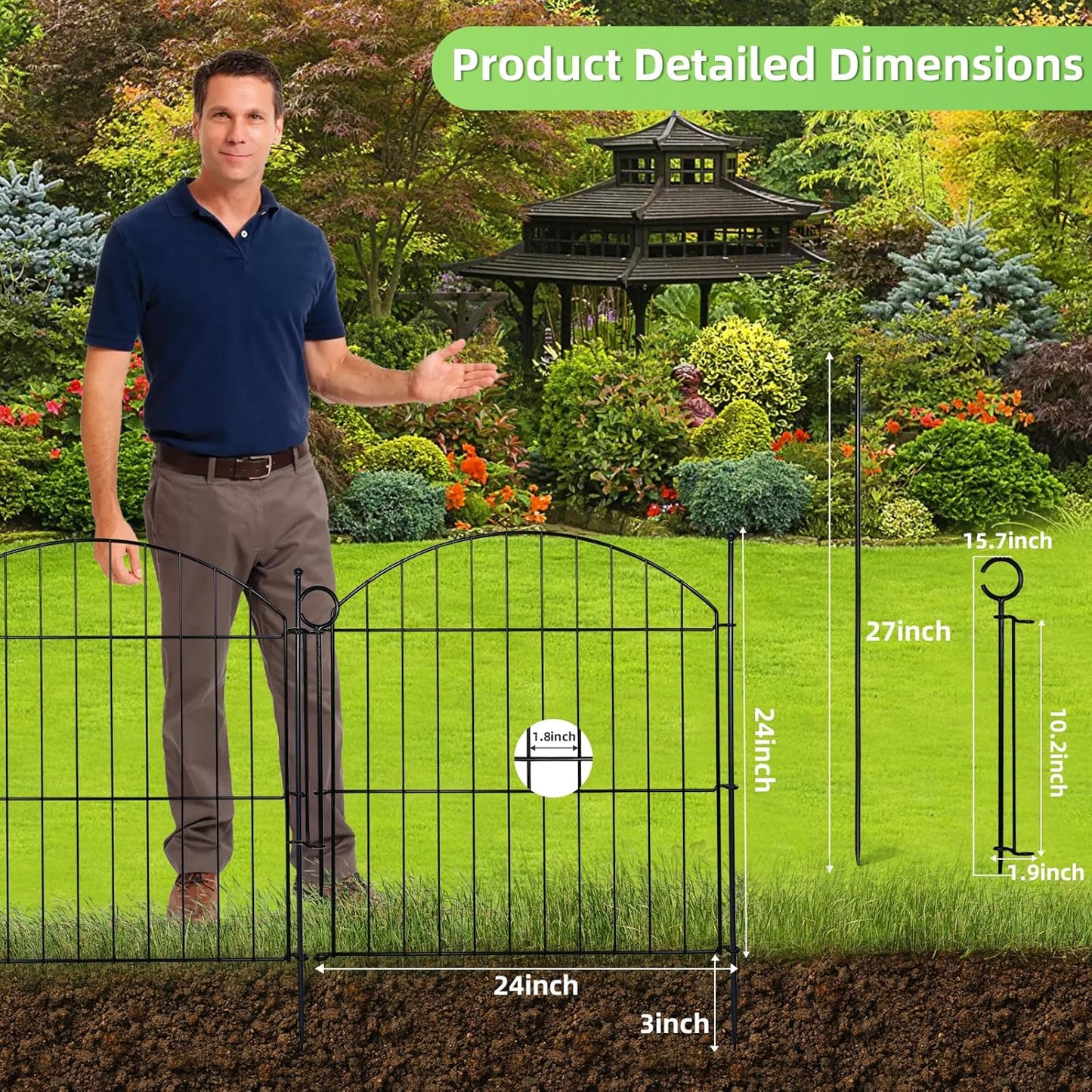 Decorative Garden Fence 24in (H) x20ft (L), 10 Pack No Dig Fence Animal Barrier for Dog with Lock, Arched Flower Bed Edging, Wire Border Panel Fencing for Yard Patio Outdoor Decor