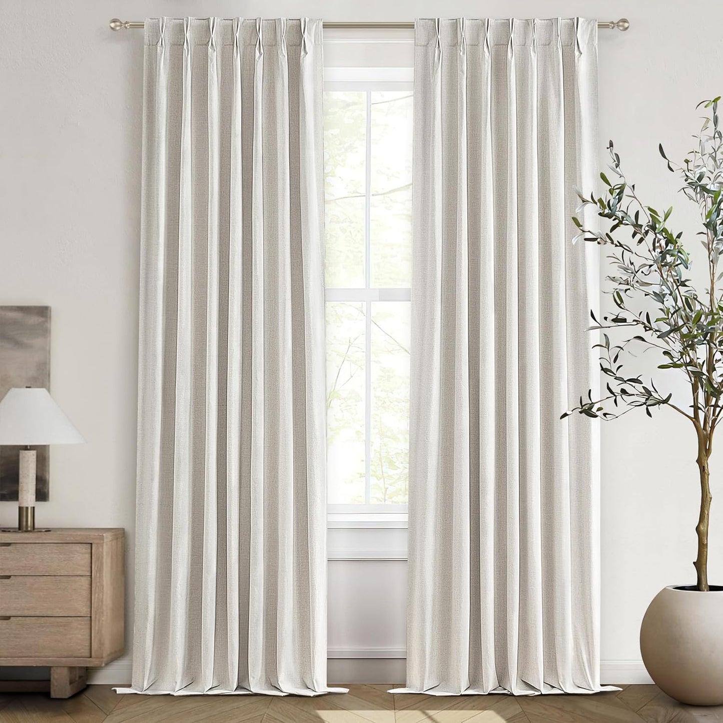 Pinch Pleated Blackout Long Luxury Curtains for Living Room, Linen Drapes 108 Inches 2 Panels Rustic Country Thermal Insulated Noise Reducing Window Curtains with Hooks 9ft Extra Long Pleat Faux Linen