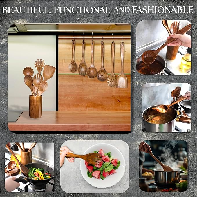 Wooden Spoons for Cooking - 8 Piece Natural Teak Kitchen Utensil Set Non Toxic - Teak Wooden Utensils with Spoon Rest and Holder