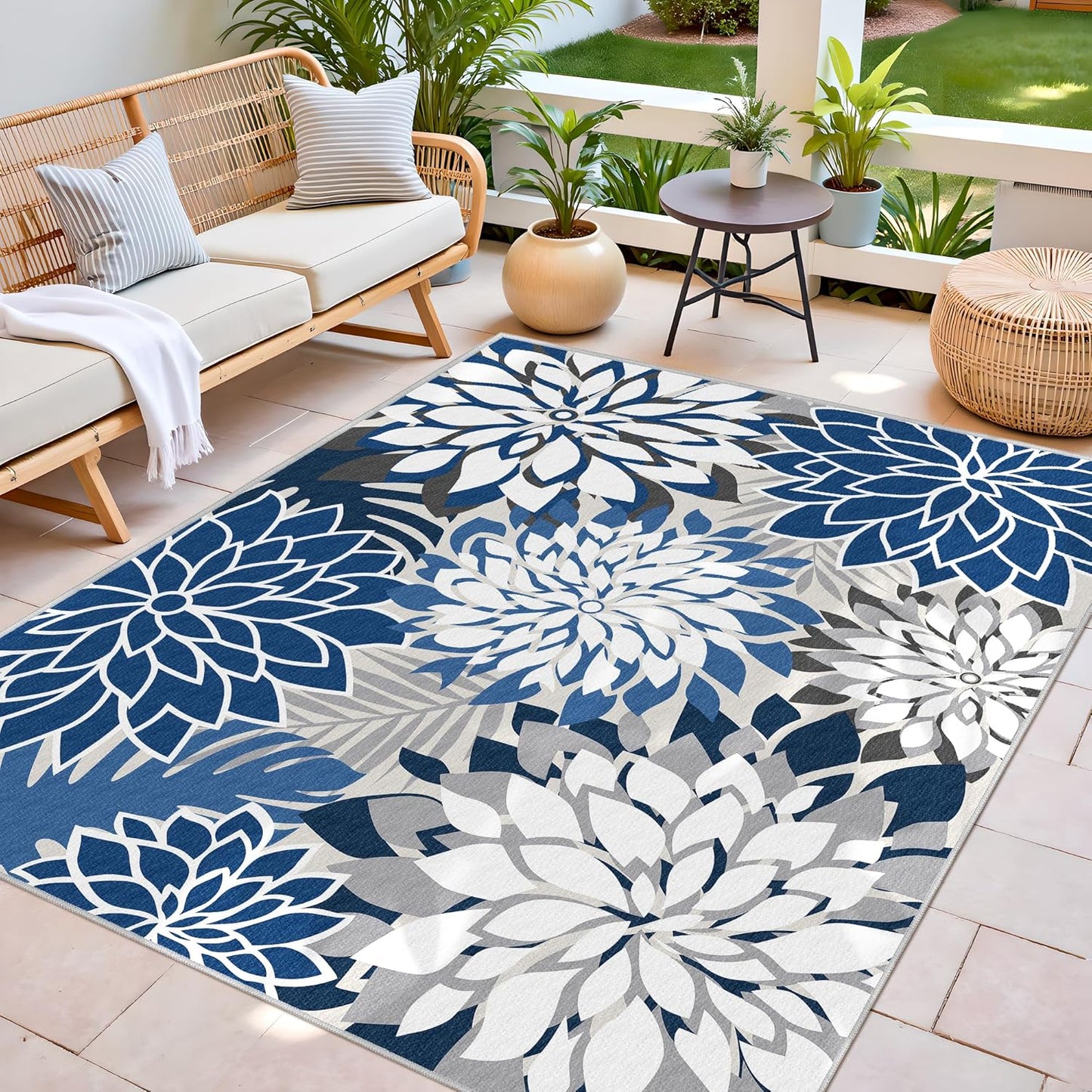 Indoor Outdoor Area Rug Washable Multicolored Patio Rug Tropical Botanical Modern Floral Indoor Outdoor Carpet Blue White Rug Non Slip for Patio, Deck, Backyard, Porch (9x12)
