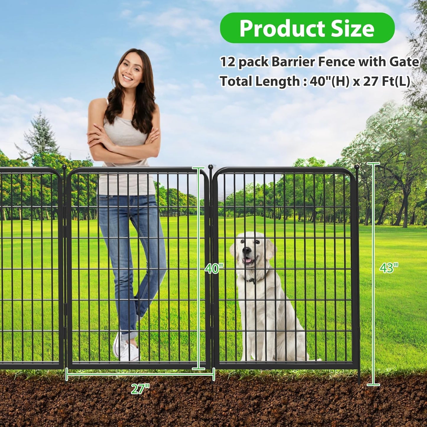 Black Metal Fencing Decorative Garden Fence with Gate 27ft(L) x 40in(H) Fence Panels No Dig Fence Rustproof Animal Barrier Fence Temporary Dog Panels Fencing Outdoor