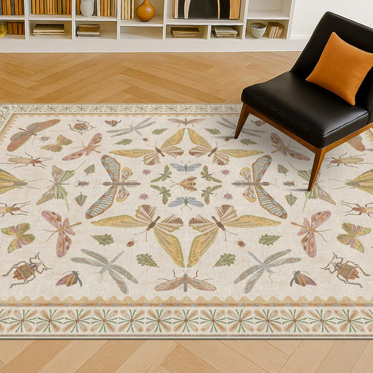 Floral 4x6 Rugs for Small Living Room - Beige and Yellow Pastel, Low Pile Non Slip Stain Resistant Throw Rug for Under Bed, Large Entryway, Kitchen, Floor Carpet Aesthetic Kids