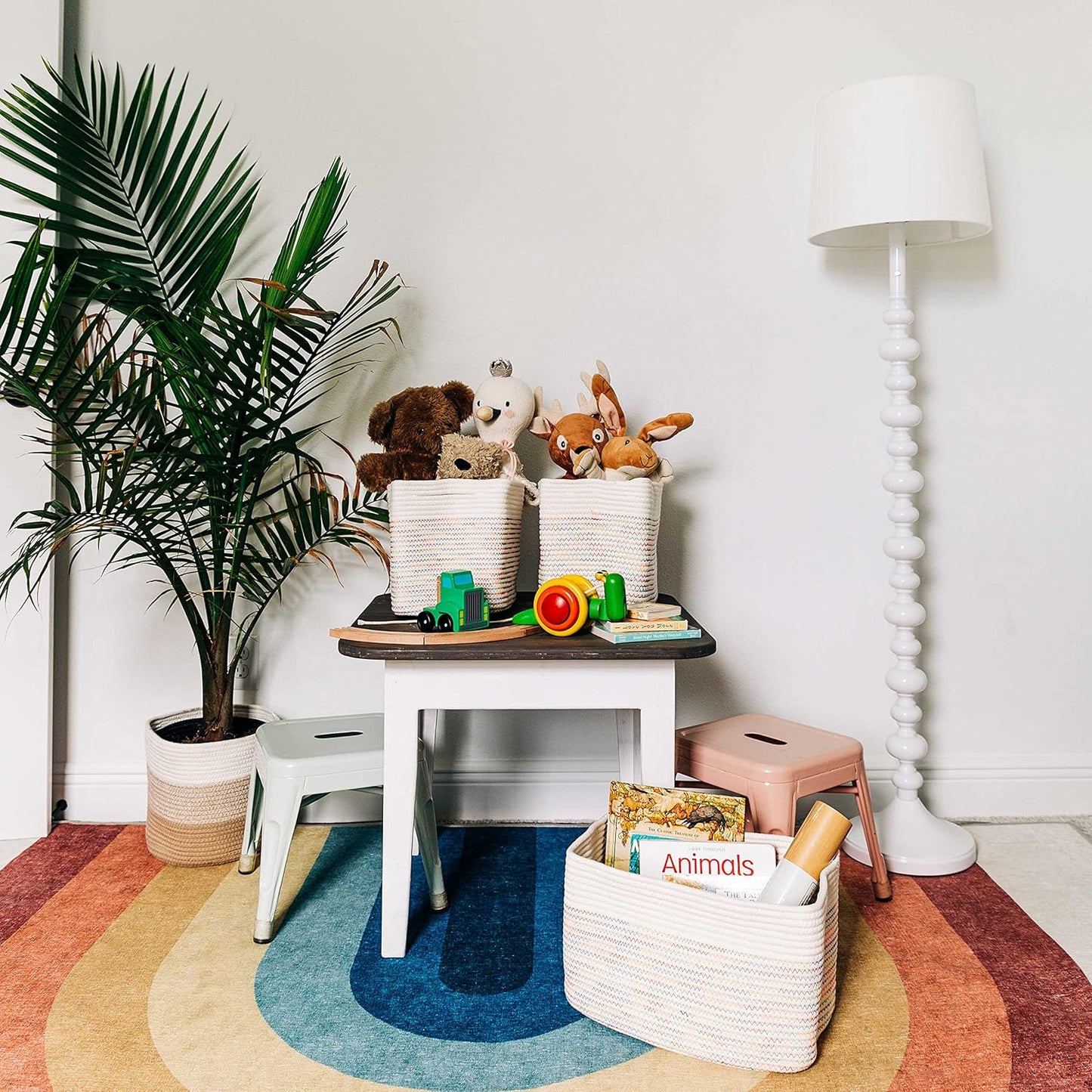 OrganiHaus Woven Storage Baskets for Organizing, Cotton Rope Organizer Bins for Shelves, Closet & Nursery, Dog Toy Basket, Decorative Bins for Toys, Towels & Books - 15x10x9, Rainbow Stitches