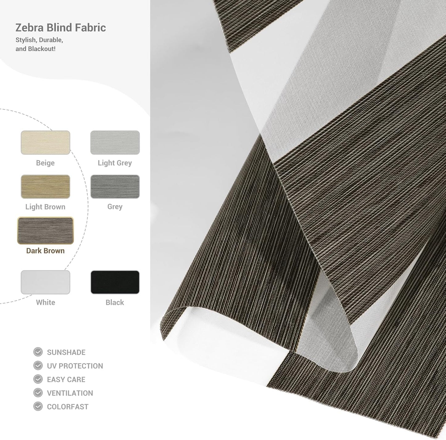 Cordless Zebra Blinds for Windows, Blackout Interior Blinds,Easy to Install,UV Protection,for Offices and Home,Custom Roller Shades, Mousse Dark Bown,61" W x 36" H